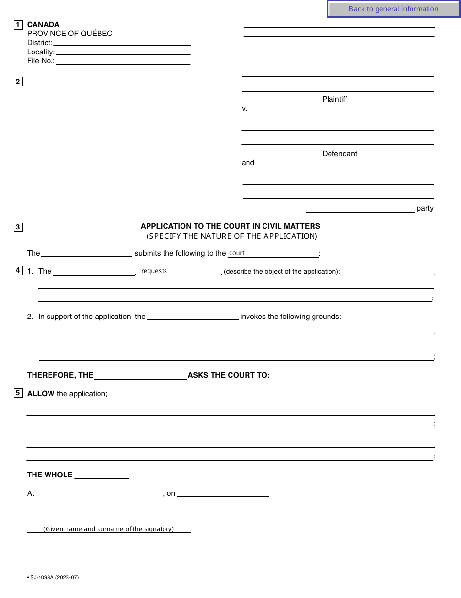 Form SJ-1098A Application to the Court in Civil Matters - Quebec, Canada, Page 3