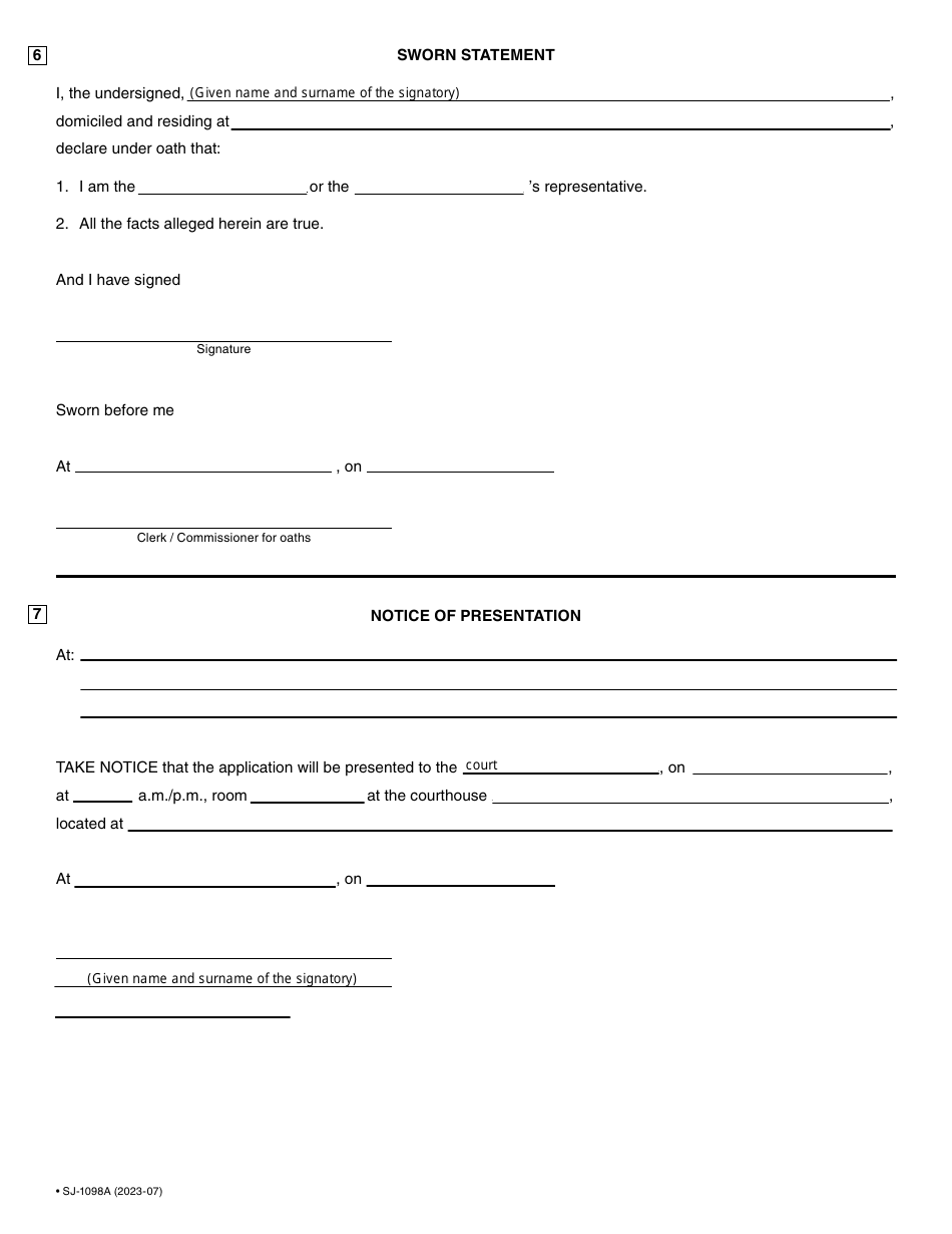 Form SJ-1098A Application to the Court in Civil Matters - Quebec, Canada, Page 4