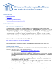 Document preview: Mi Consumer Financial Services Class I License New Application Checklist (Company) - Michigan