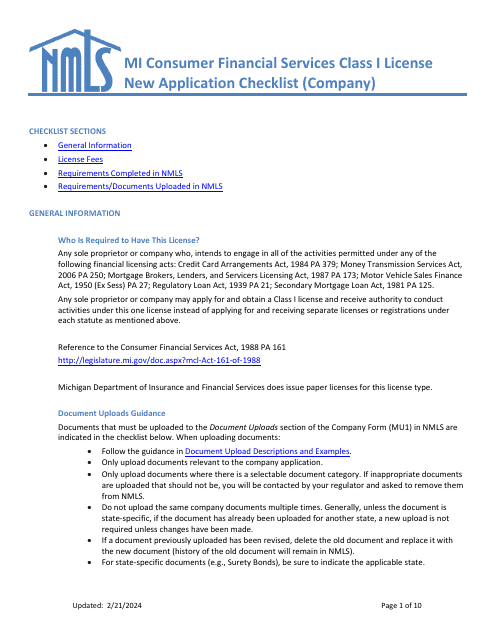 Mi Consumer Financial Services Class I License New Application Checklist (Company) - Michigan