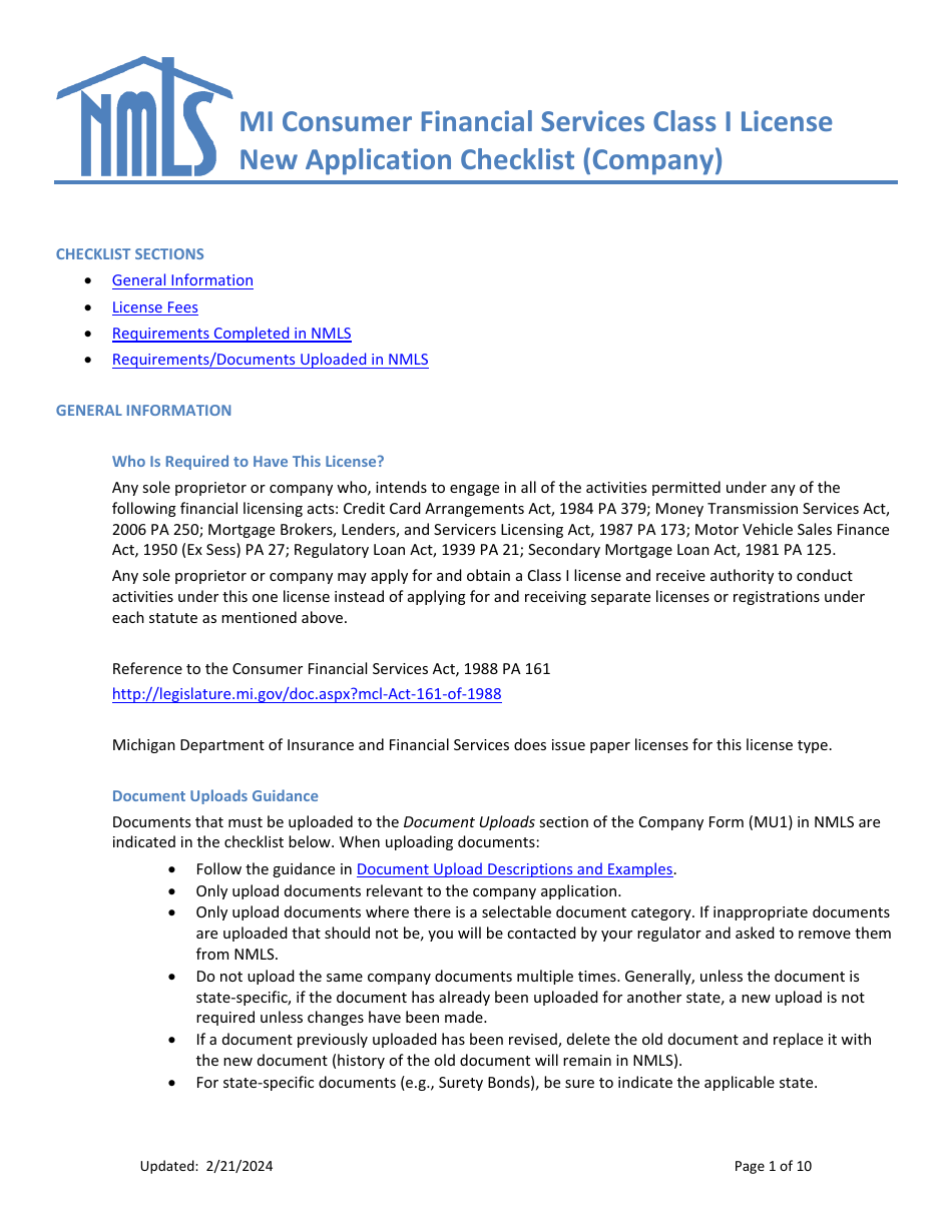 Mi Consumer Financial Services Class I License New Application Checklist (Company) - Michigan, Page 1