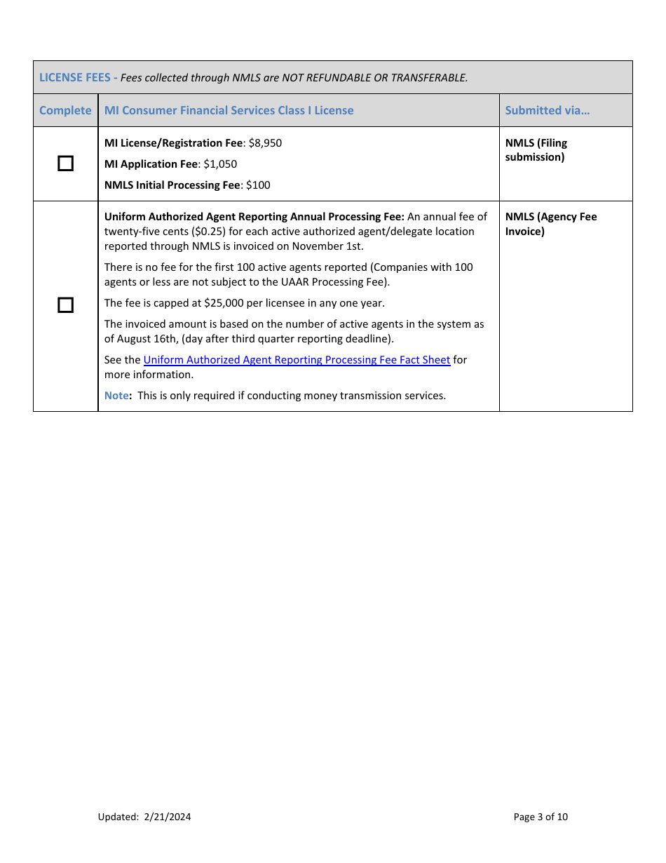 Mi Consumer Financial Services Class I License New Application Checklist (Company) - Michigan, Page 3