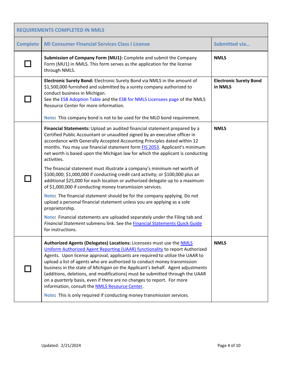 Mi Consumer Financial Services Class I License New Application Checklist (Company) - Michigan, Page 4