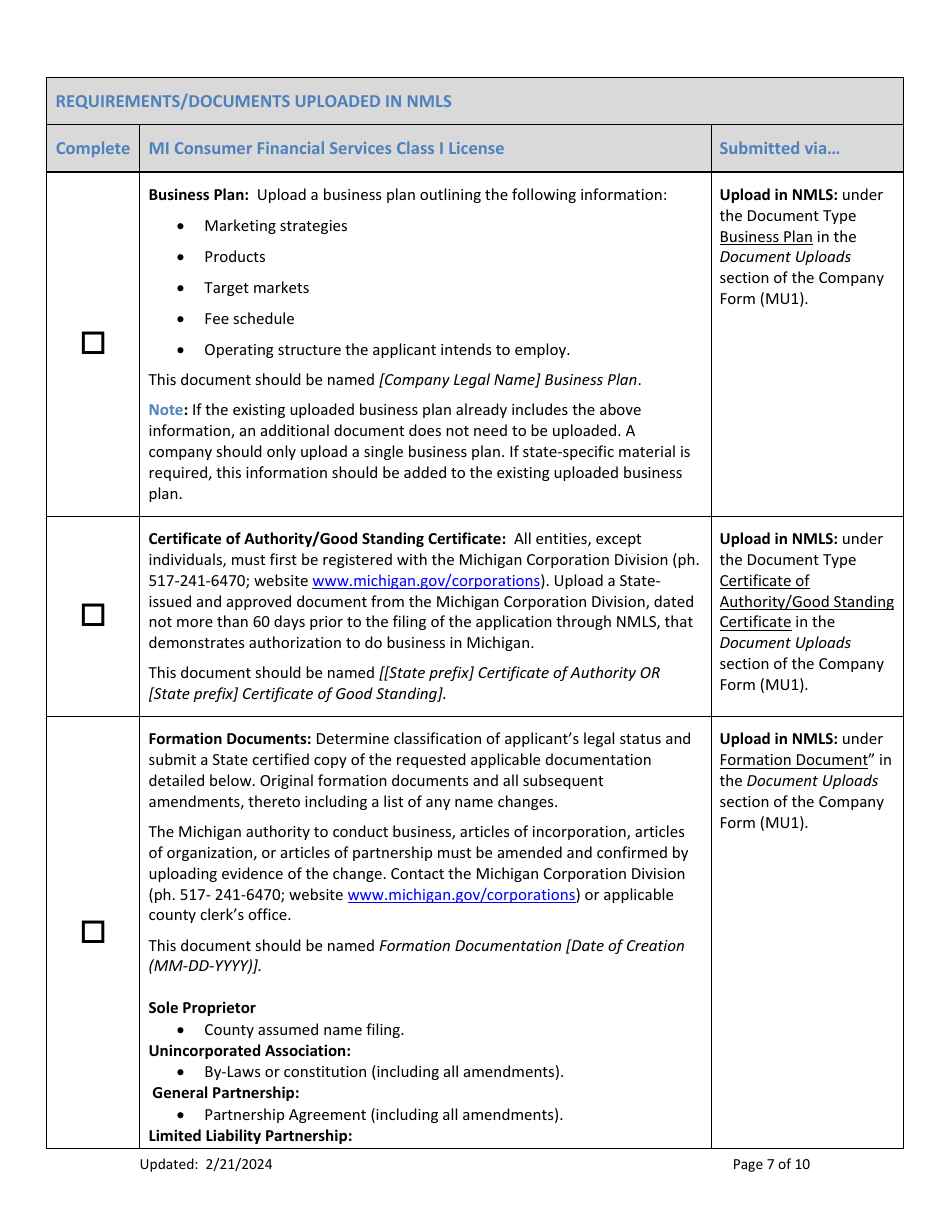 Mi Consumer Financial Services Class I License New Application Checklist (Company) - Michigan, Page 7