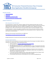 Document preview: Mi Consumer Financial Services Class II License New Application Checklist (Company) - Michigan