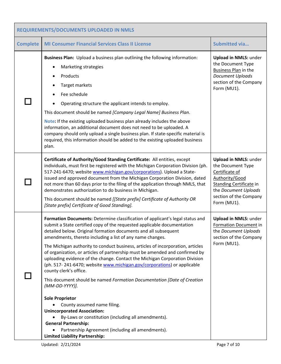 Mi Consumer Financial Services Class II License New Application Checklist (Company) - Michigan, Page 7