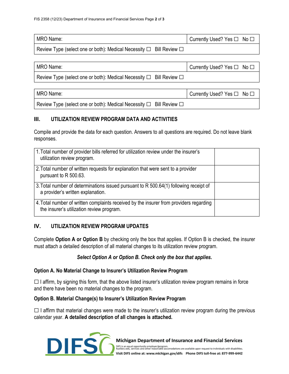 Form FIS2358 Auto Insurance Utilization Review Insurer Annual Report - Michigan, Page 2
