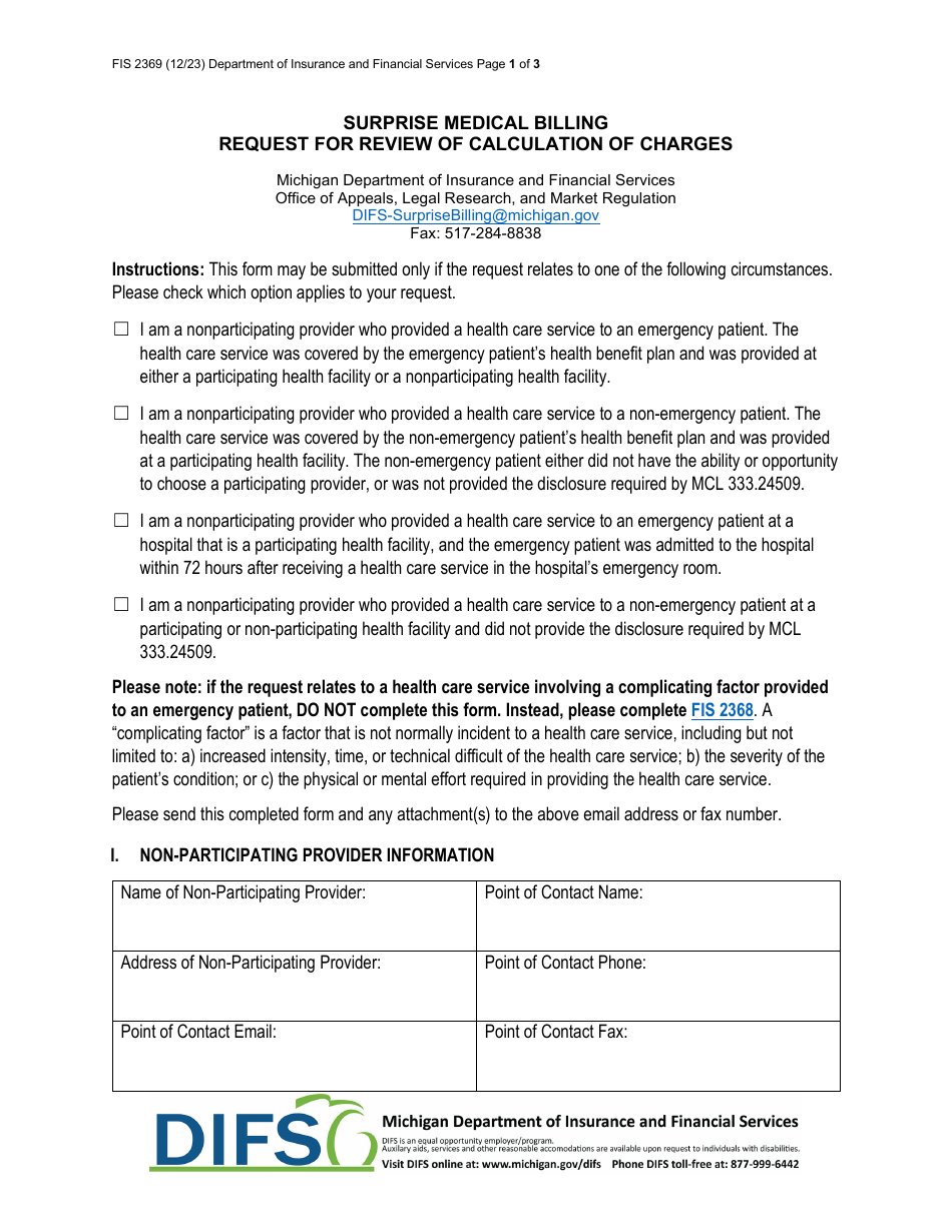 Form FIS2369 Surprise Medical Billing Request for Review of Calculation of Charges - Michigan, Page 1