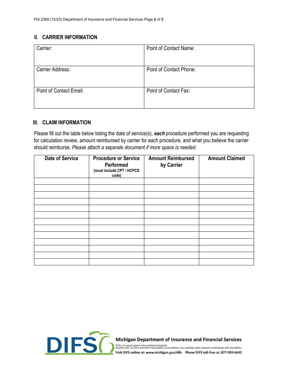 Form FIS2369 Surprise Medical Billing Request for Review of Calculation of Charges - Michigan, Page 2