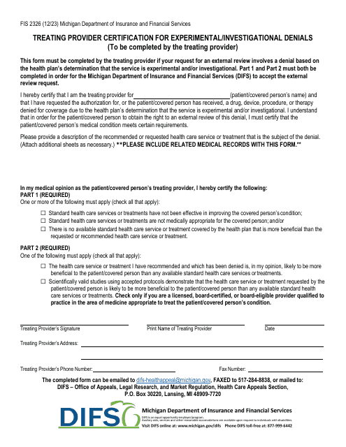 Form FIS2326 Treating Provider Certification for Experimental/Investigational Denials - Michigan
