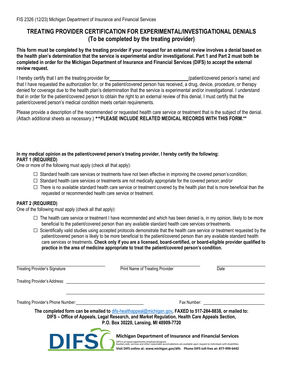 Form FIS2326 Treating Provider Certification for Experimental / Investigational Denials - Michigan, Page 1