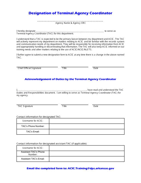 Designation of Terminal Agency Coordinator - Arkansas Download Pdf