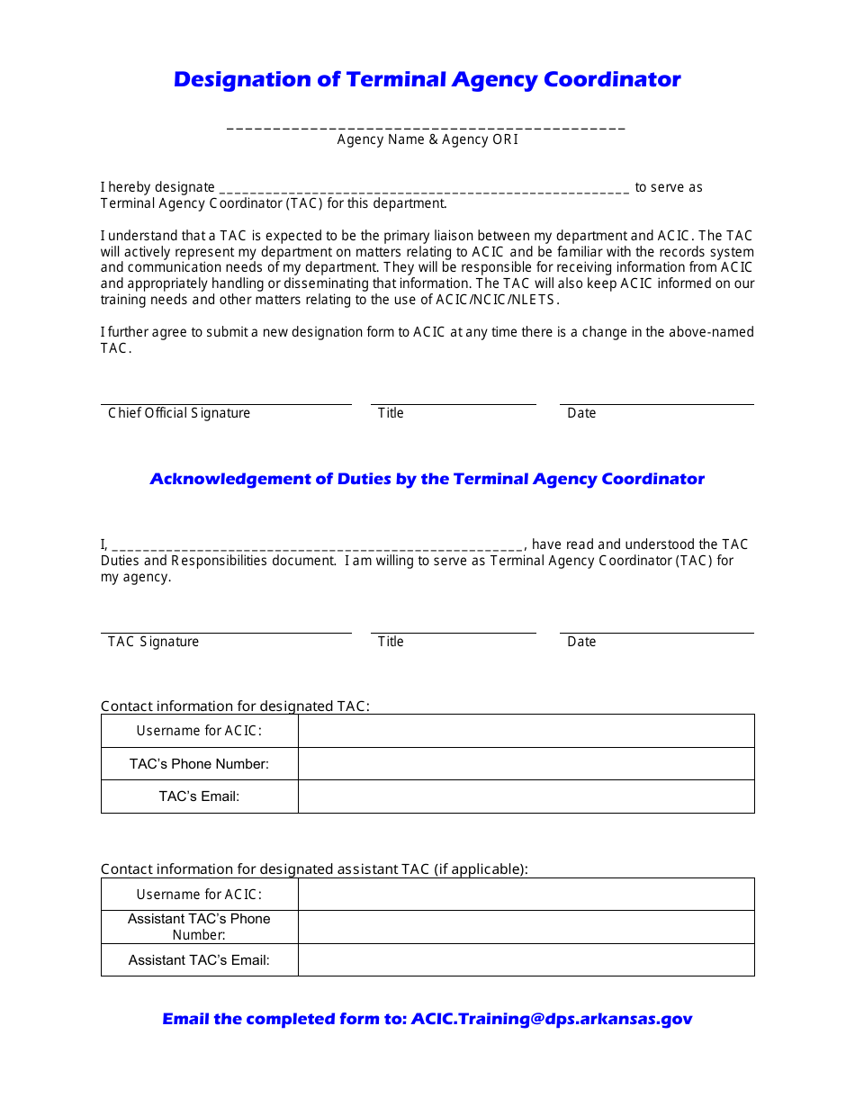 Designation of Terminal Agency Coordinator - Arkansas, Page 1