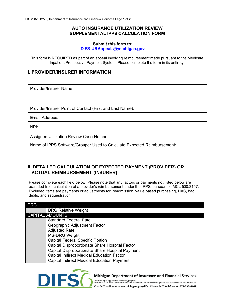 Form FIS2382 Auto Insurance Utilization Review Supplemental Ipps Calculation Form - Michigan, Page 1