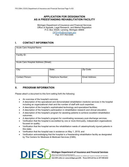 Form FIS2364 Application for Designation as a Freestanding Rehabilitation Facility - Michigan
