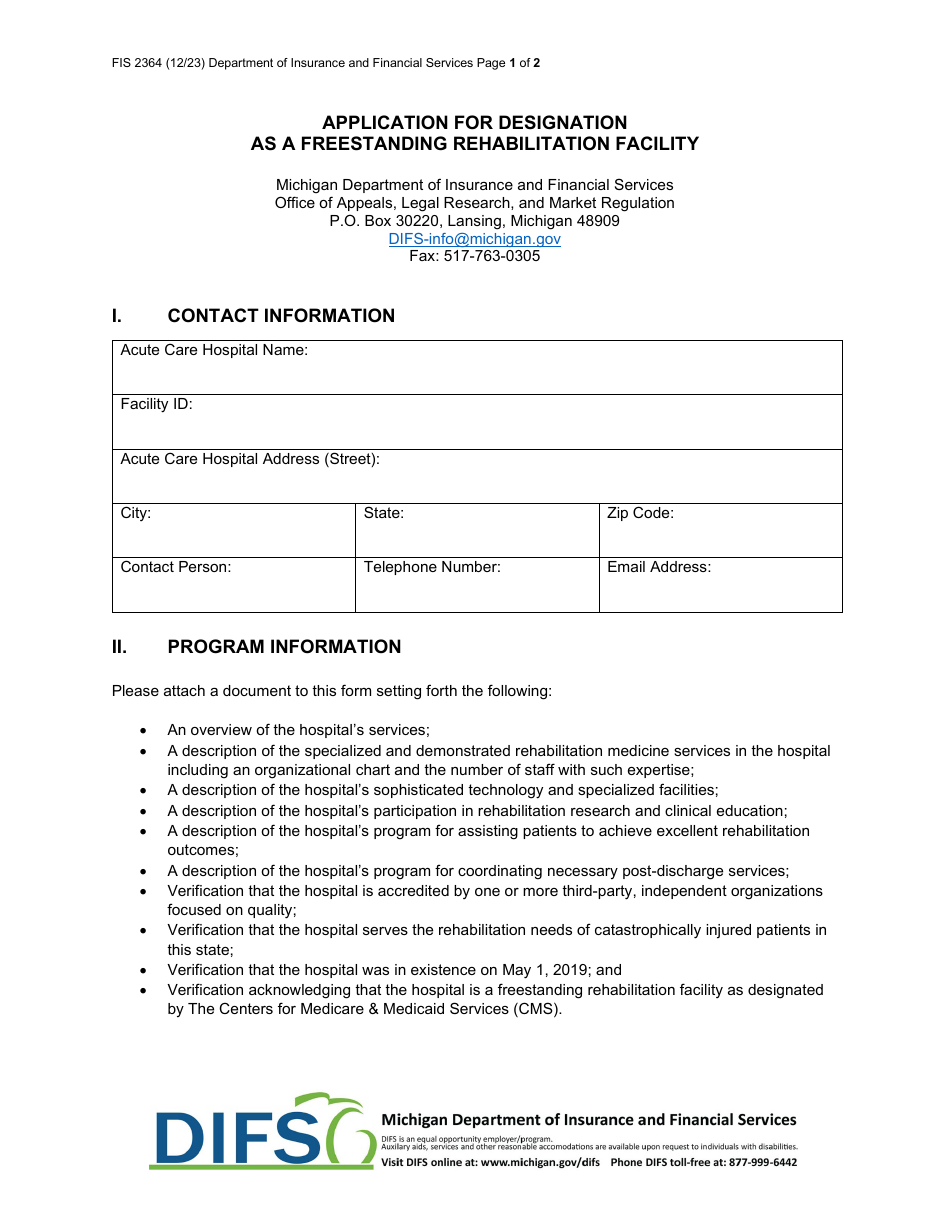 Form FIS2364 Application for Designation as a Freestanding Rehabilitation Facility - Michigan, Page 1
