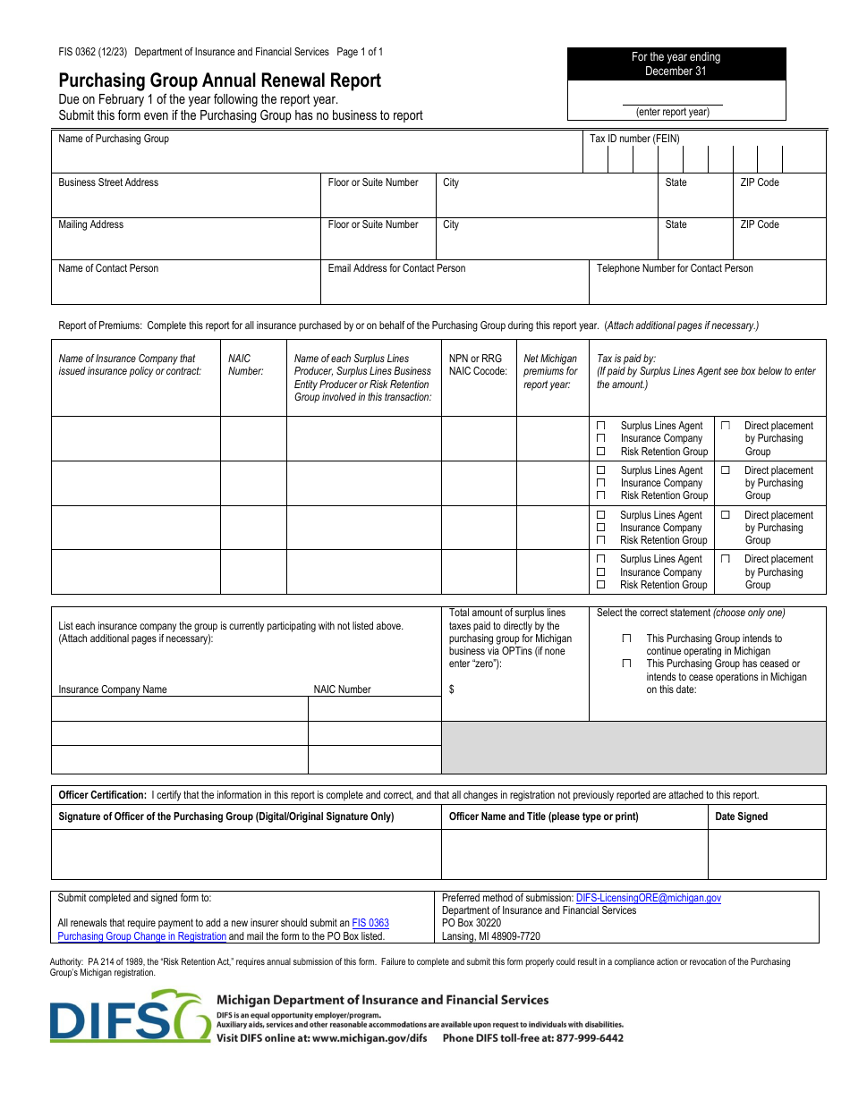 Form FIS0362 Purchasing Group Annual Renewal Report - Michigan, Page 1