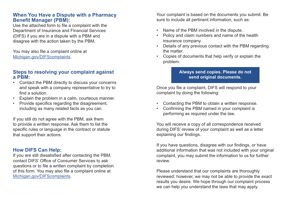 Form FIS2394 Pharmacy Benefit Manager (Pbm) Complaint Form - Michigan, Page 2