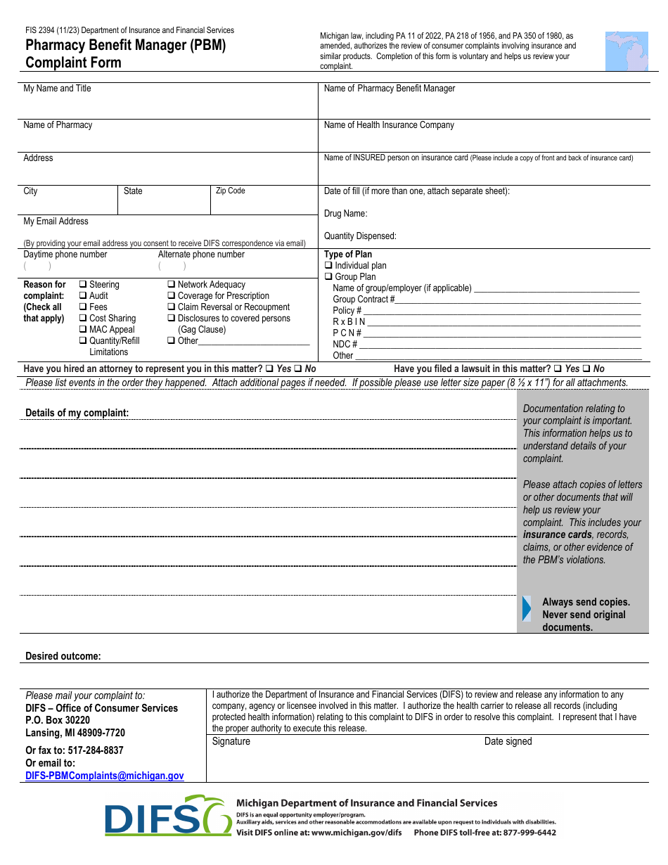 Form FIS2394 Pharmacy Benefit Manager (Pbm) Complaint Form - Michigan, Page 3