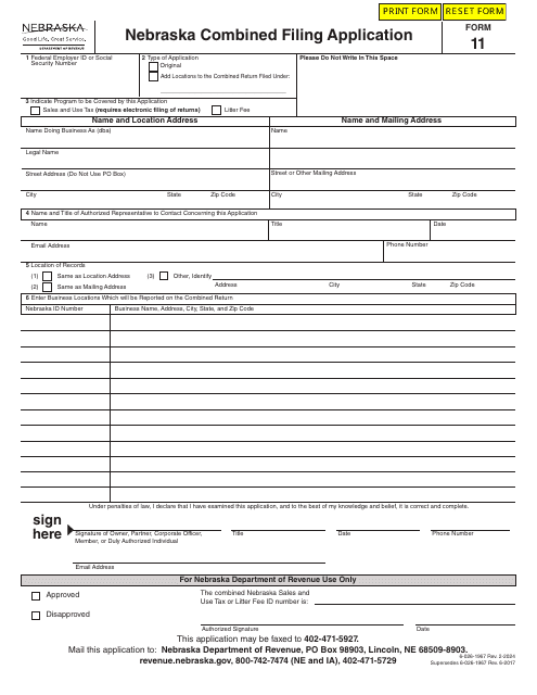 Form 11 Nebraska Combined Filing Application - Nebraska