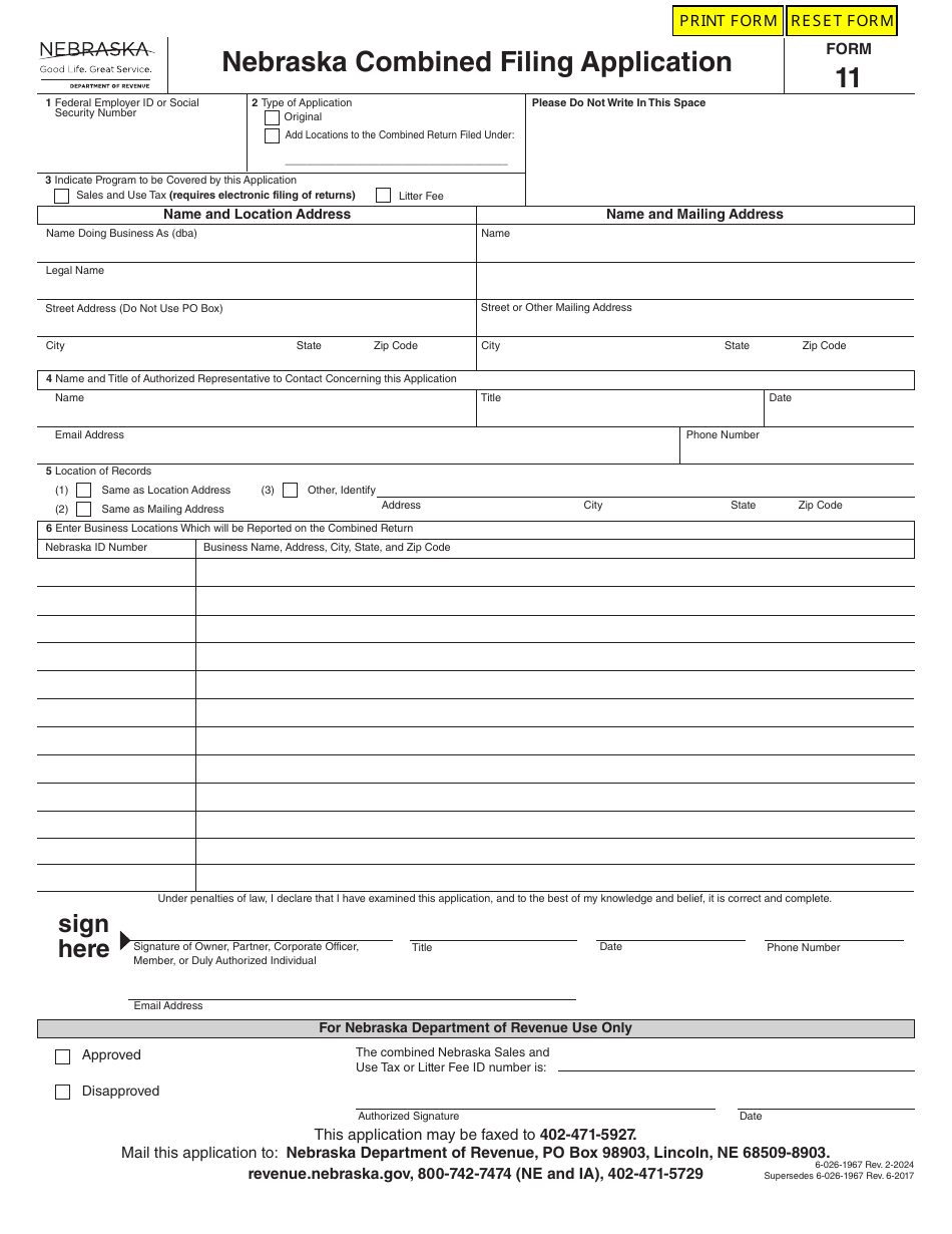 Form 11 Nebraska Combined Filing Application - Nebraska, Page 1