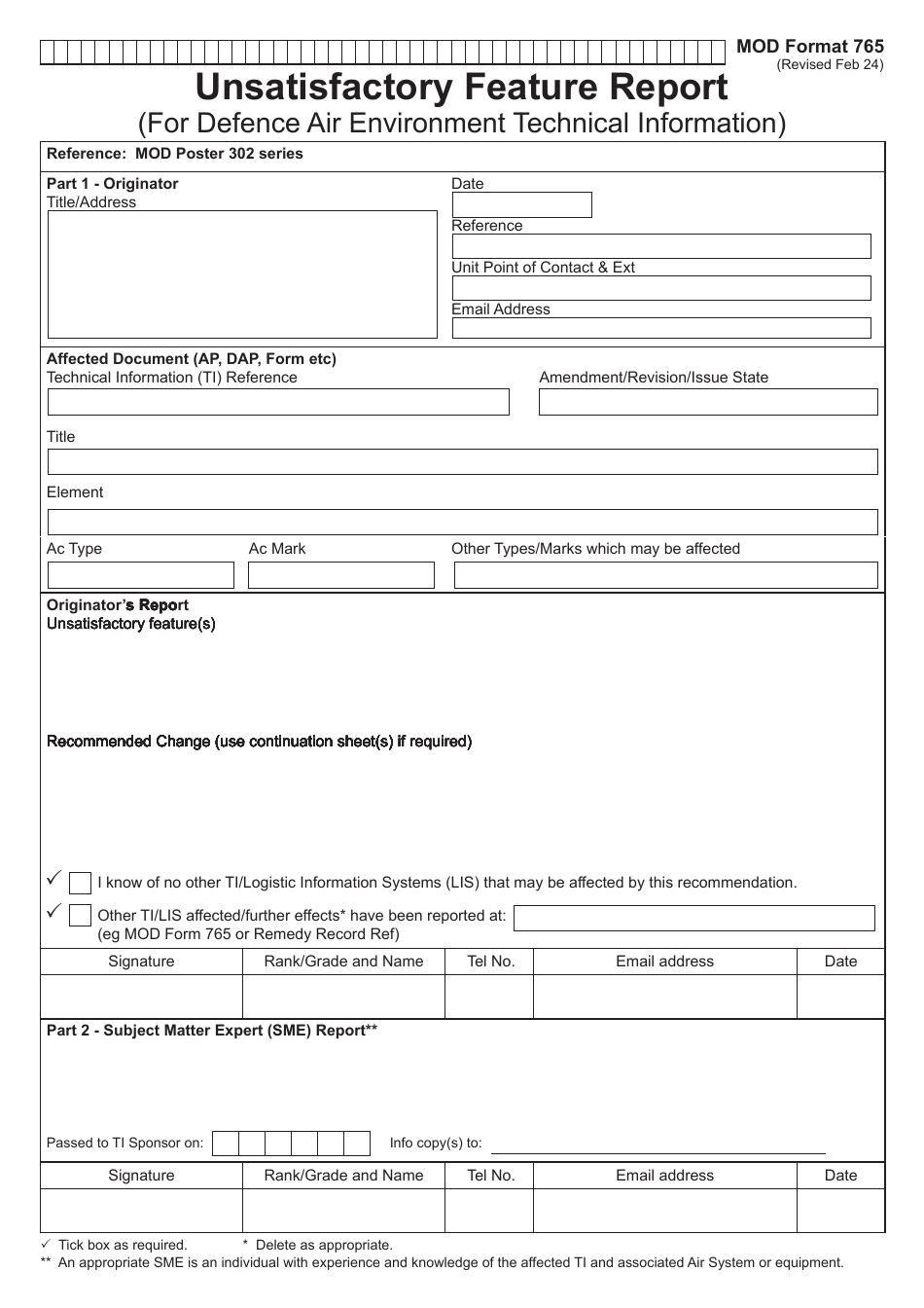 MOD Form 765 Download Fillable PDF or Fill Online Unsatisfactory ...