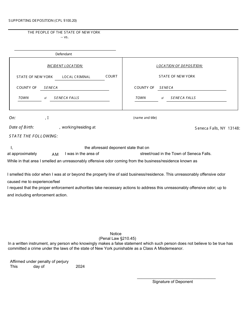 Odor Complaint Supporting Deposition - Town of Seneca Falls, New York, Page 1