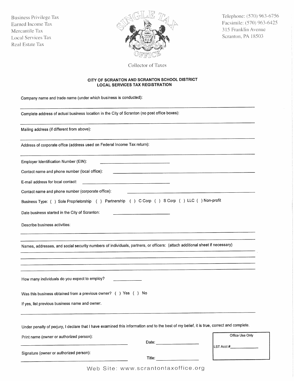 Local Services Tax Registration - City of Sacranton, Pennsylvania, Page 1