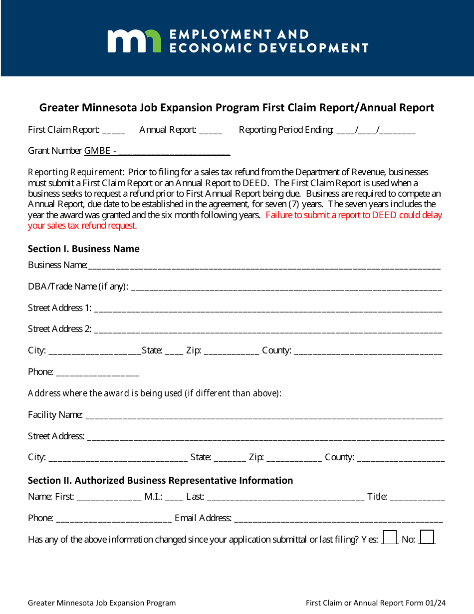 Greater Minnesota Job Expansion Program First Claim Report / Annual Report - Minnesota, Page 1
