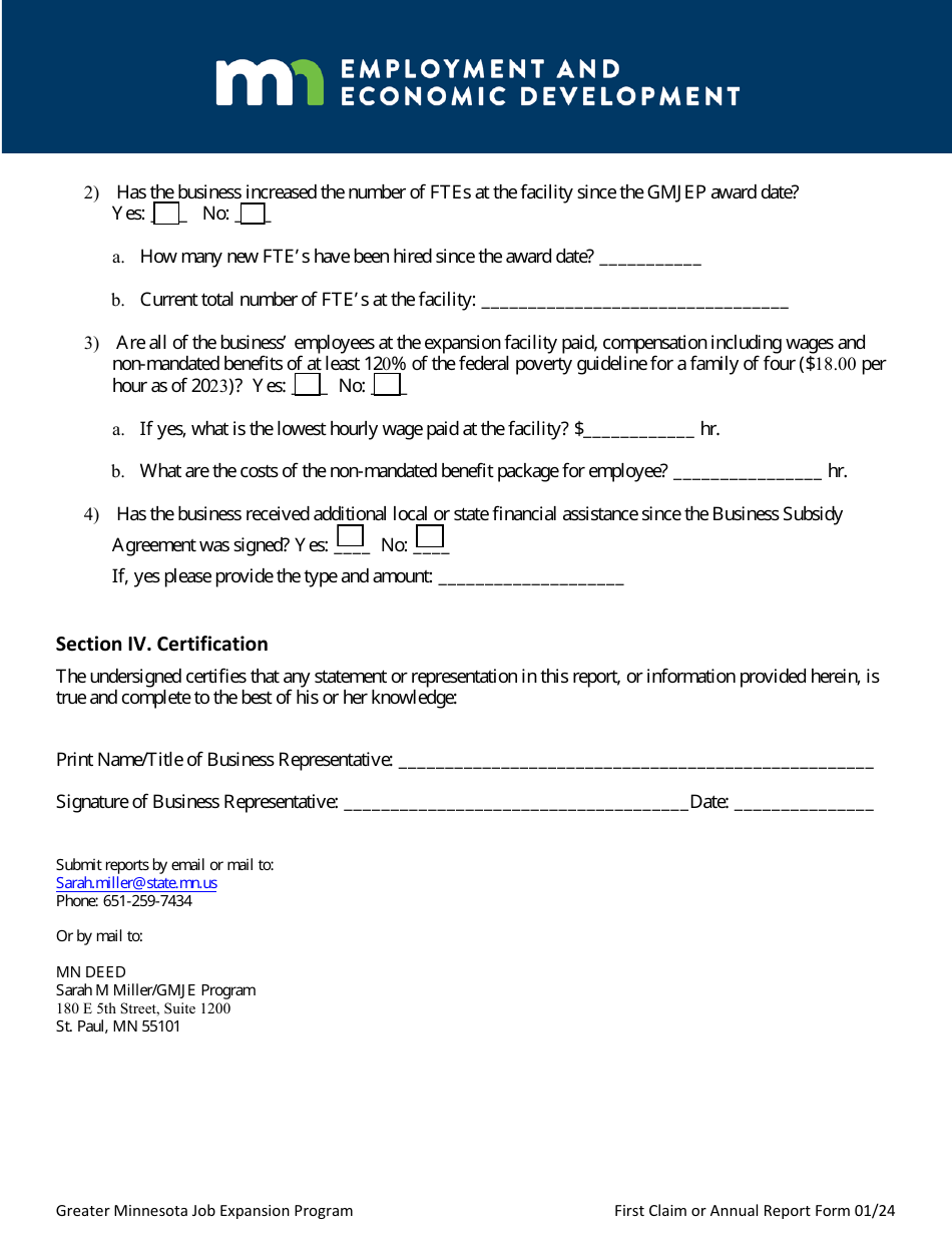 Greater Minnesota Job Expansion Program First Claim Report / Annual Report - Minnesota, Page 3