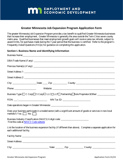 Greater Minnesota Job Expansion Program Application Form - Minnesota Download Pdf