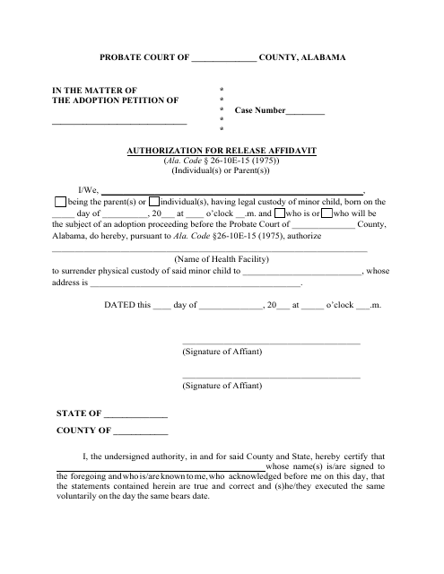 Authorization for Release Affidavit (Individual(S) or Parent(S)) - Alabama Download Pdf
