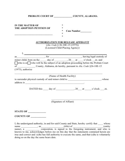 Authorization for Release Affidavit (Licensed Child Placing Agency) - Alabama Download Pdf