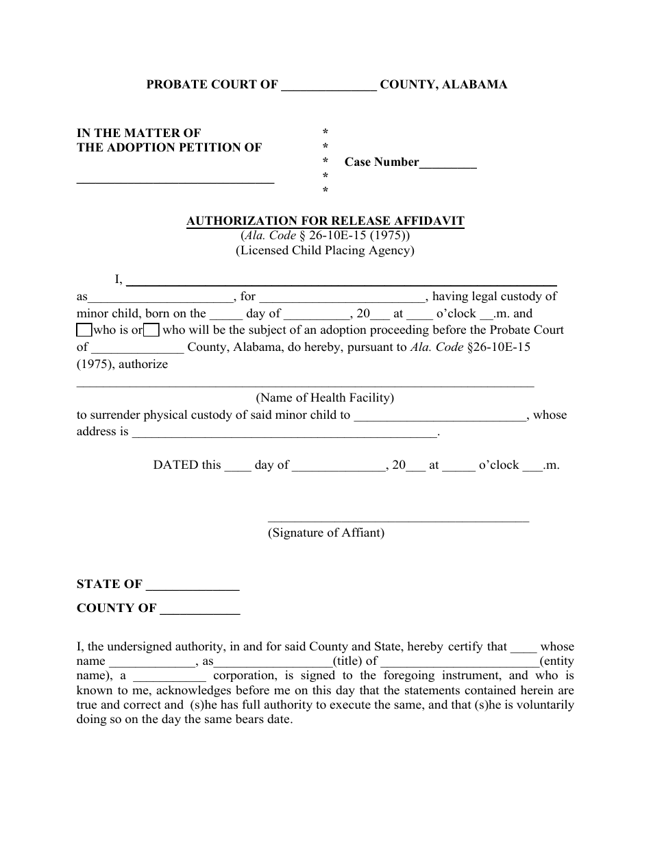 Authorization for Release Affidavit (Licensed Child Placing Agency) - Alabama, Page 1
