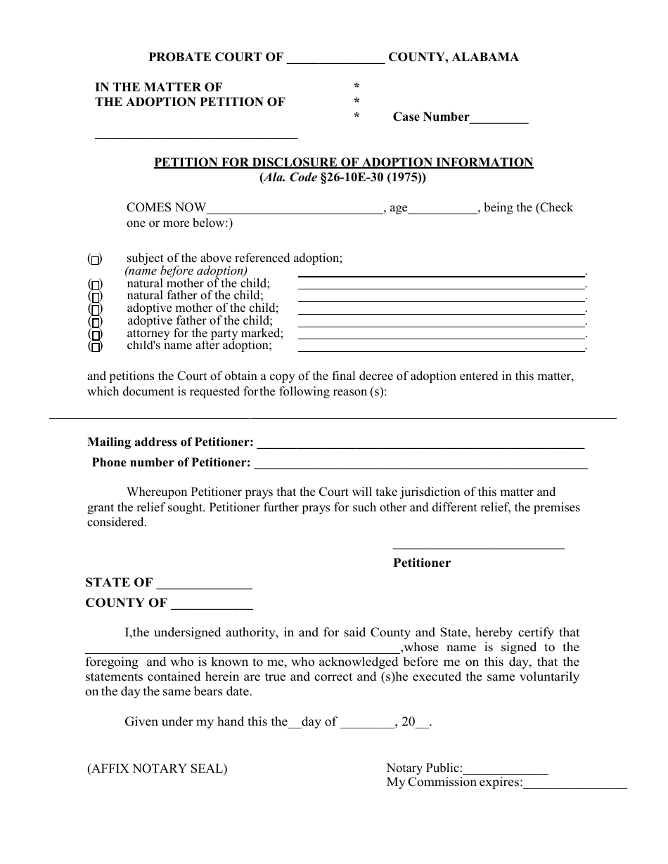Petition for Disclosure of Adoption Information - Alabama, Page 1