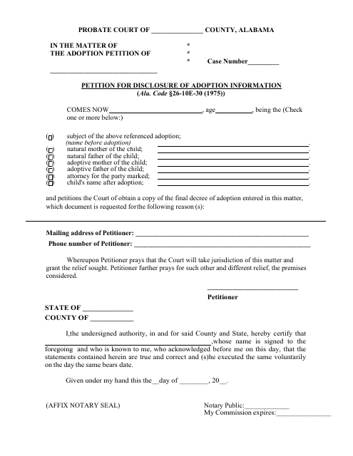 Petition for Disclosure of Adoption Information - Alabama Download Pdf