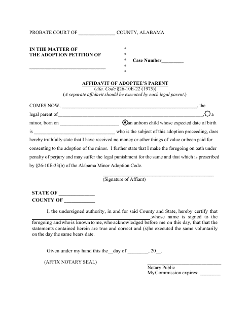 Affidavit of Adoptee's Parent - Alabama Download Pdf