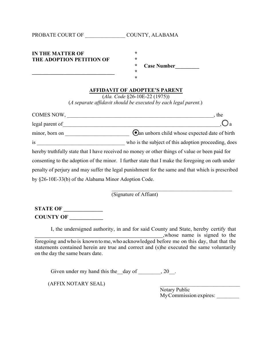 Affidavit of Adoptees Parent - Alabama, Page 1