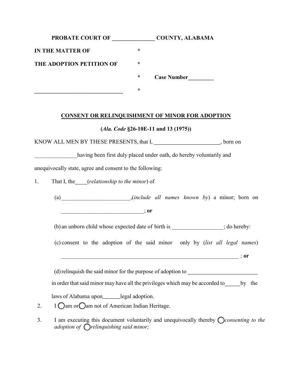 Consent or Relinquishment of Minor for Adoption - Alabama, Page 1
