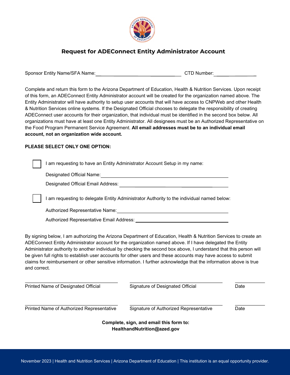 Request for Adeconnect Entity Administrator Account - Arizona, Page 1
