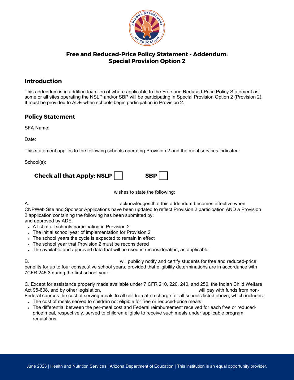 Free and Reduced-Price Policy Statement - Addendum: Special Provision Option 2 - Arizona, Page 1