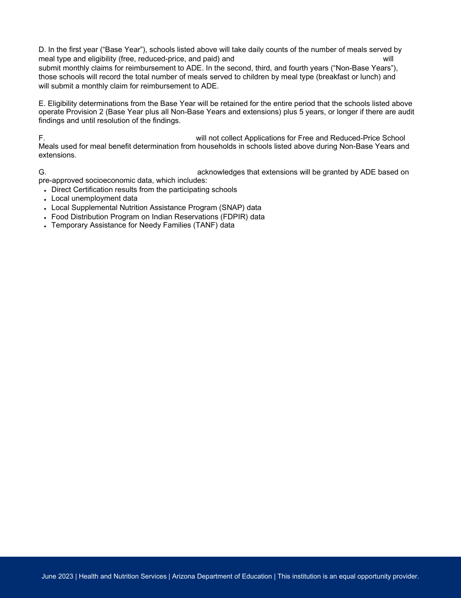 Free and Reduced-Price Policy Statement - Addendum: Special Provision Option 2 - Arizona, Page 2