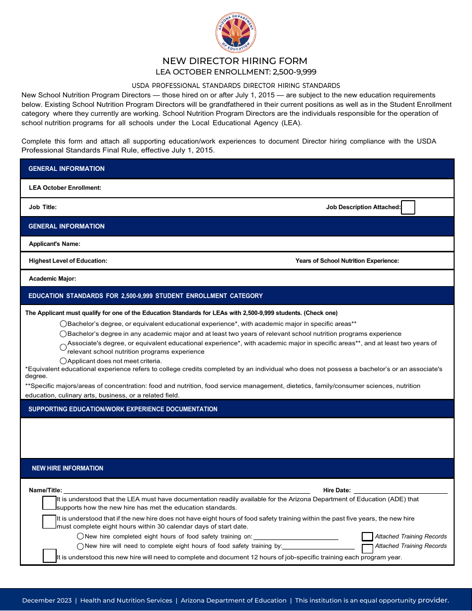 New Director Hiring Form - Hired After July 1, 2015 (2,500-9,999 Enrollment) - Arizona, Page 1