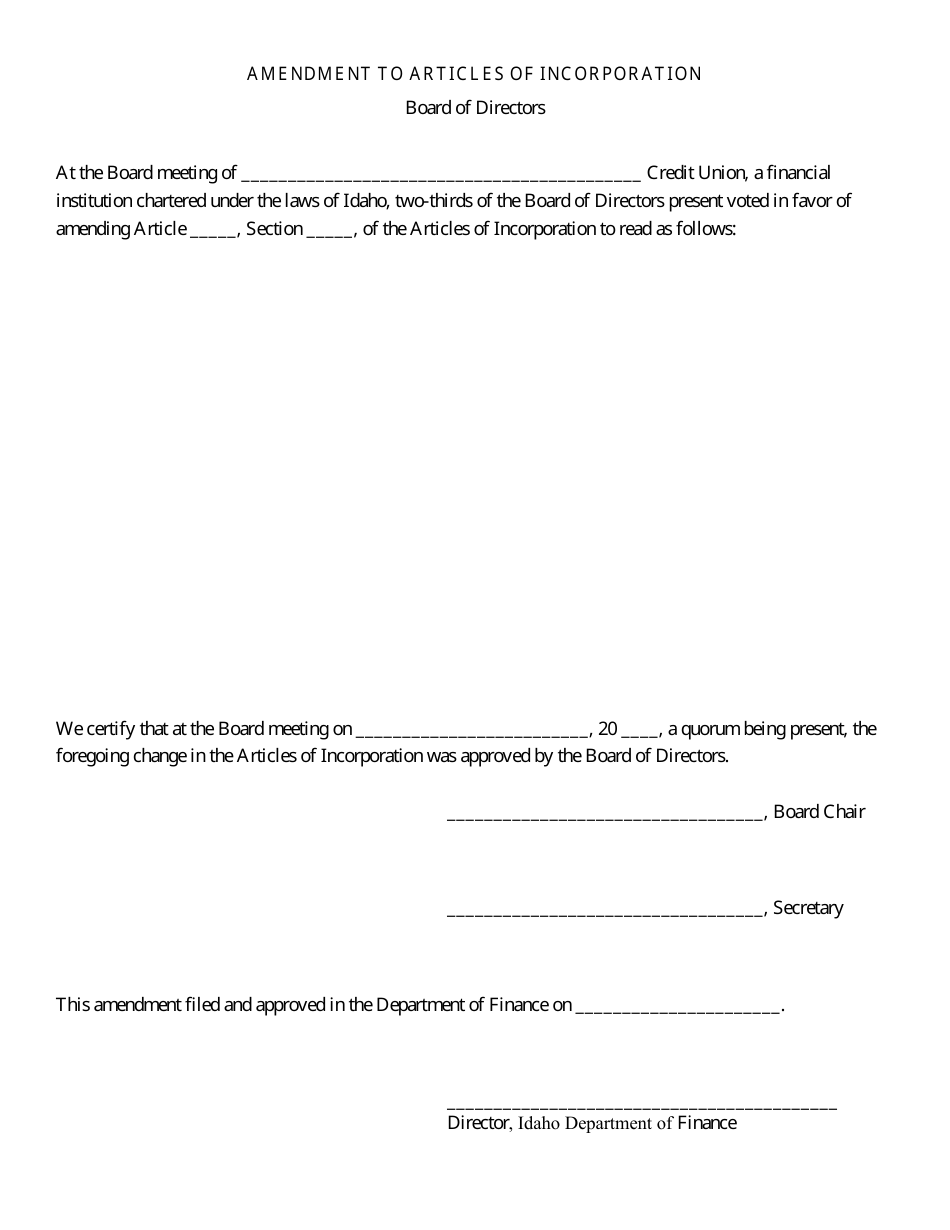 Articles of Incorporation Amendment Form (Board Vote) - Idaho, Page 1