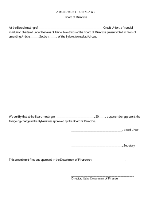 Bylaws Amendment Form - Articles of Incorporation and Bylaws (Board Vote) - Idaho Download Pdf