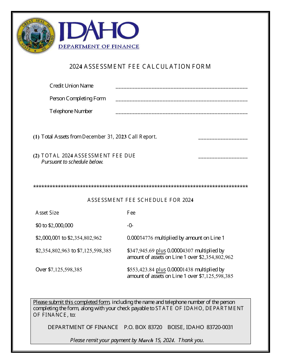2024 Idaho Assessment Fee Calculation Form Fill Out, Sign Online and