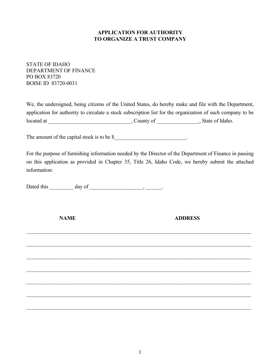 Application for Authority to Organize a Trust Company - Idaho, Page 1