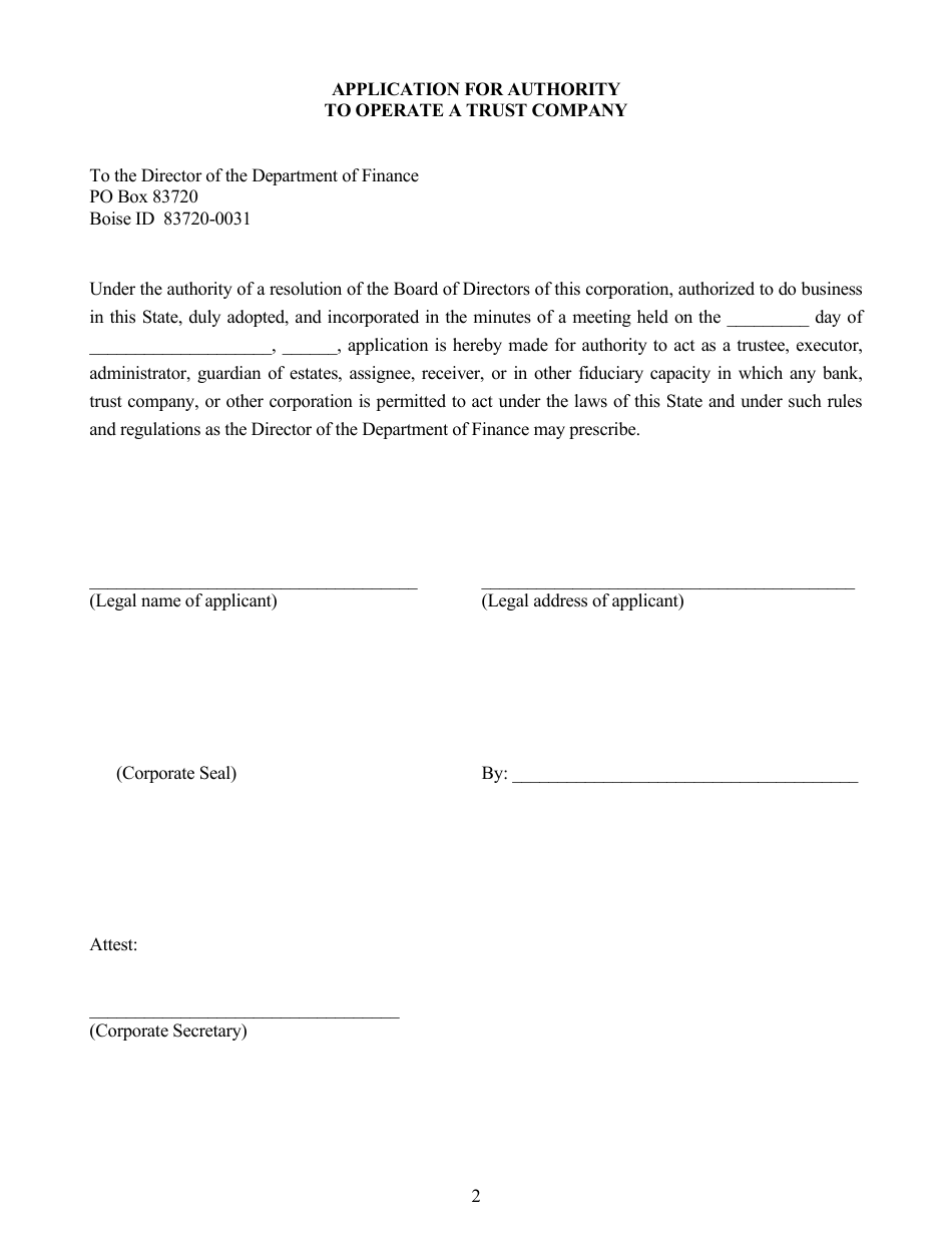 Application for Authority to Organize a Trust Company - Idaho, Page 2