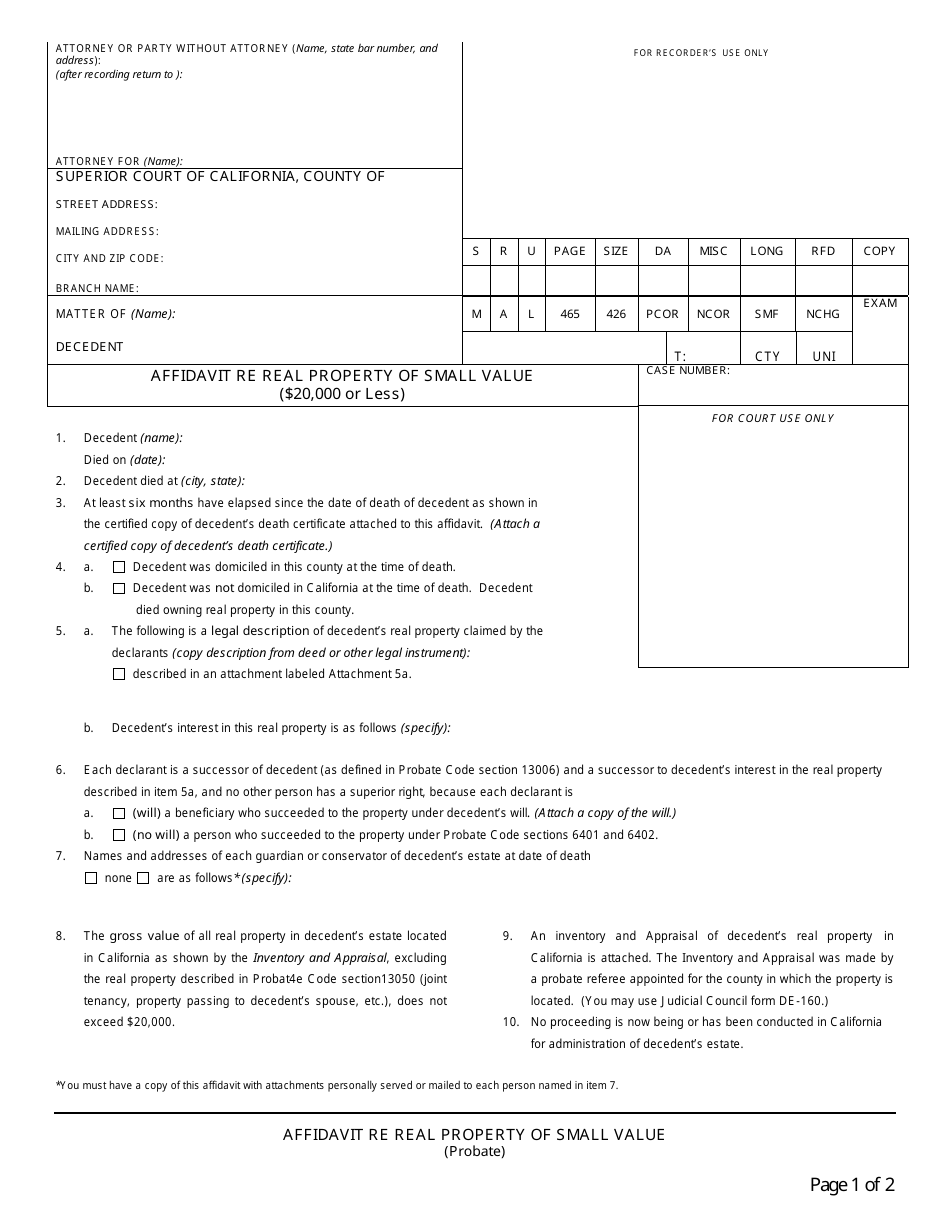 Affidavit Re Real Property of Small Value ($20,000 or Less) - County of Riverside, California, Page 1