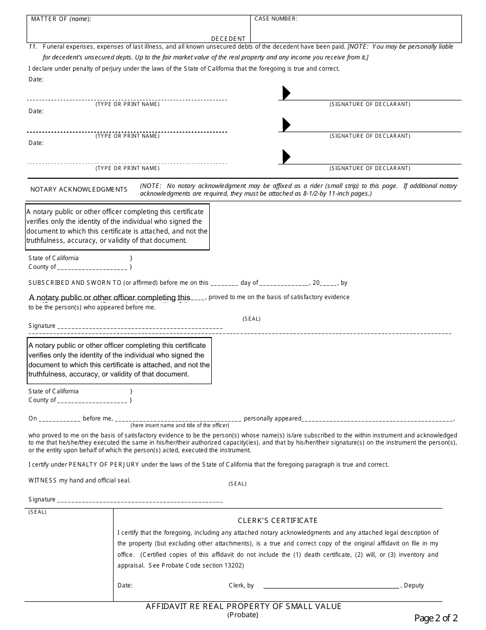 Affidavit Re Real Property of Small Value ($20,000 or Less) - County of Riverside, California, Page 2